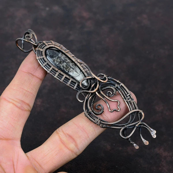 Orthoceras Fossil Pear Black Handmade Copper Wire Wrapped Pendant