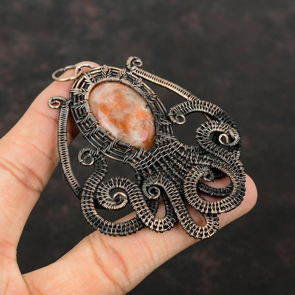 Sunstone Oval Orange Handmade Copper Wire Wrapped Pendant