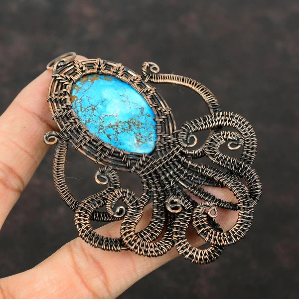 Tibetan Turquoise Oval Blue Handmade Copper Wire Wrapped Pendant