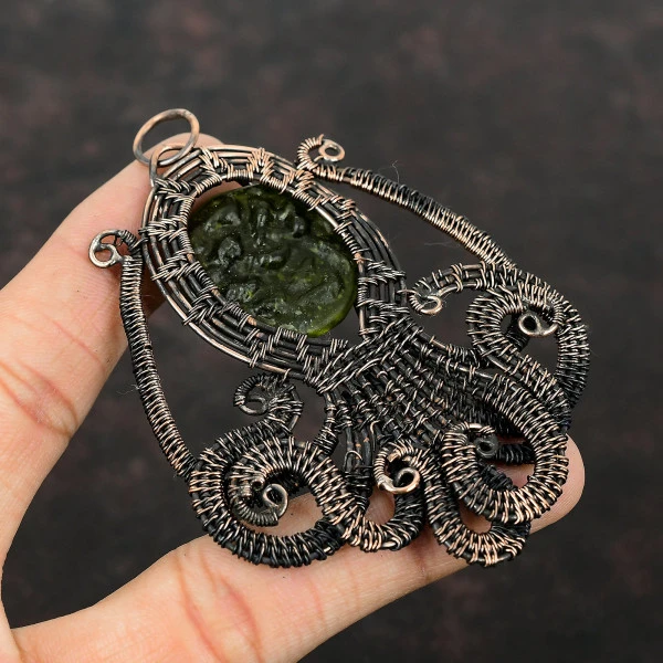 Moldavite Round Green Handmade Copper Wire Wrapped Pendant