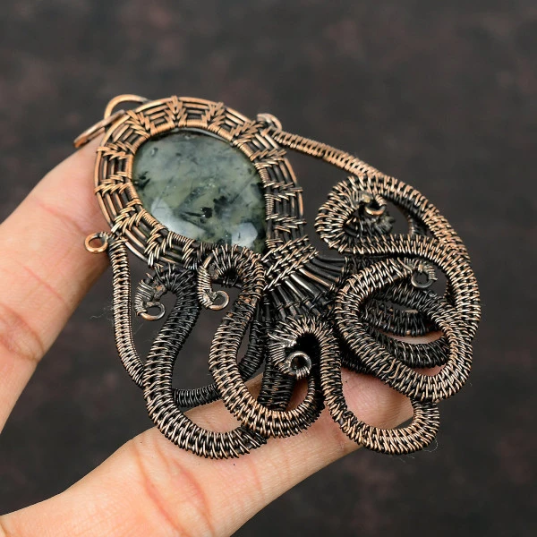 Moss Prehnite Oval Green Handmade Copper Wire Wrapped Pendant