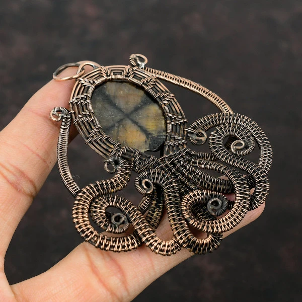Chiastolite Oval Brown Handmade Copper Wire Wrapped Pendant
