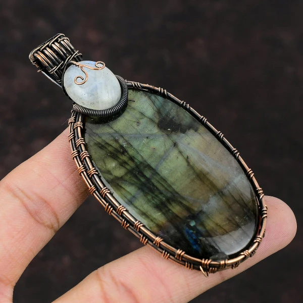 Labradorite Oval Gray Handmade Copper Wire Wrapped Pendant
