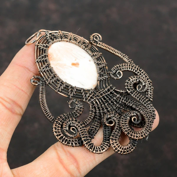 Scolecite Oval Peach Handmade Copper Wire Wrapped Pendant