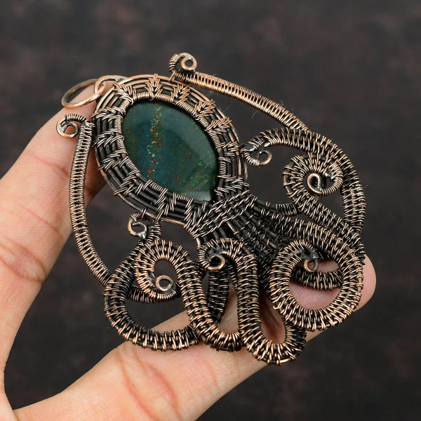 Bloodstone Oval Green Handmade Copper Wire Wrapped Pendant