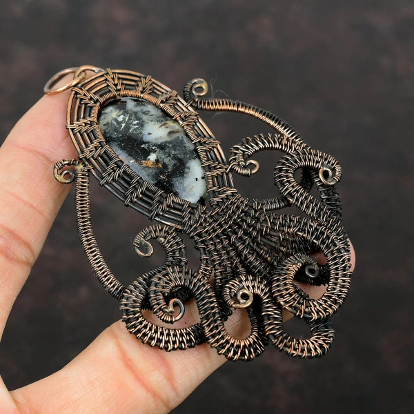 Astrophyllite Oval Black Handmade Copper Wire Wrapped Pendant