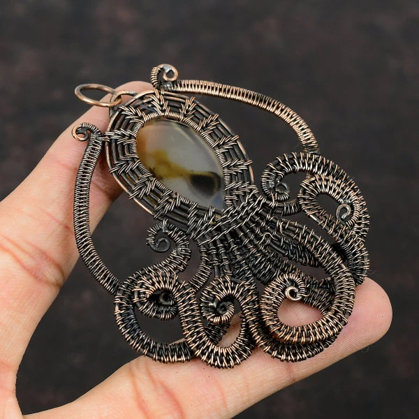 Montana Agate Oval Brown Handmade Copper Wire Wrapped Pendant