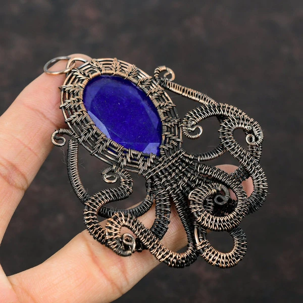 Blue Sapphire Oval Blue Handmade Copper Wire Wrapped Pendant
