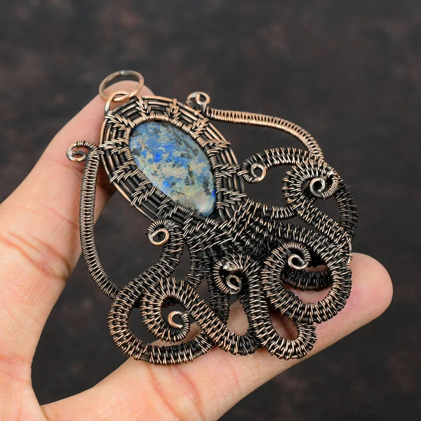 Azurite Malachite Oval Blue Handmade Copper Wire Wrapped Pendant