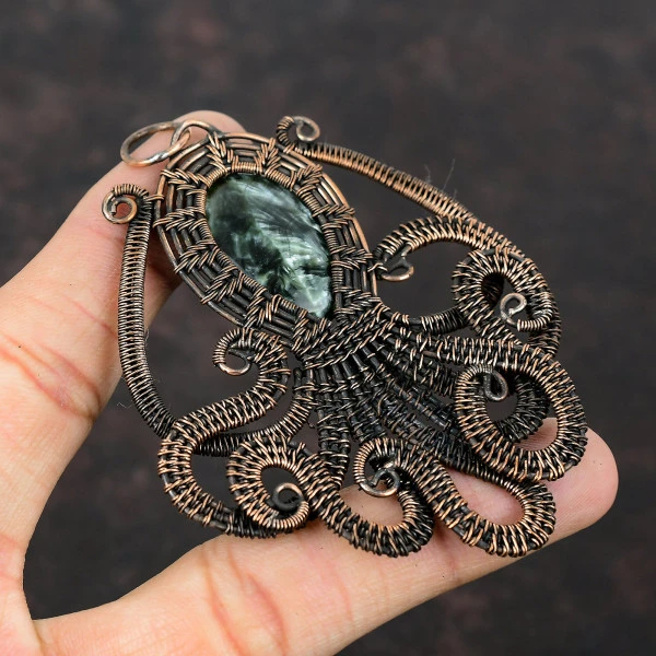 Seraphinite Oval Green Handmade Copper Wire Wrapped Pendant