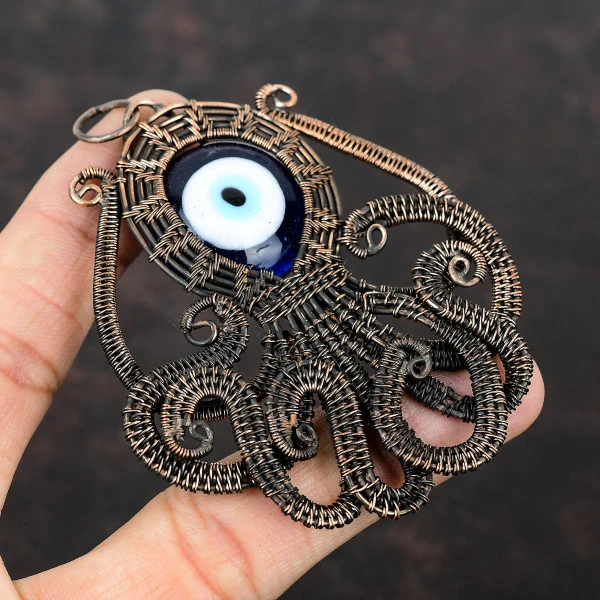 Blue Color Evil Eye Round Blue Handmade Copper Wire Wrapped Pendant