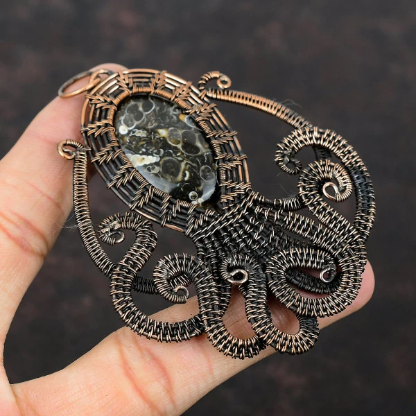 Turritella Agate Oval Brown Handmade Copper Wire Wrapped Pendant