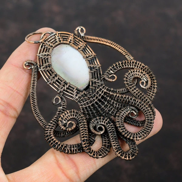 Mother Of Pearl Radiant Black Handmade Copper Wire Wrapped Pendant