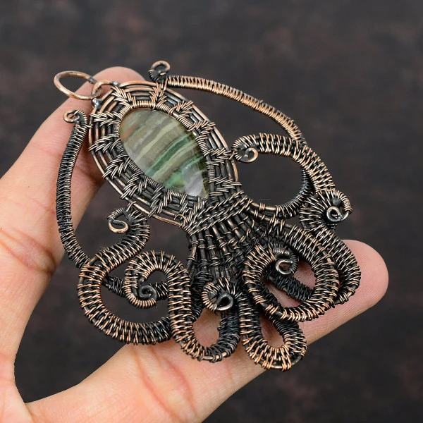 Multi Fluorite Oval Green Handmade Copper Wire Wrapped Pendant