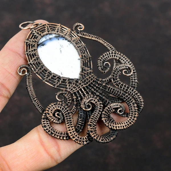 Dendrite Opal Oval White Handmade Copper Wire Wrapped Pendant