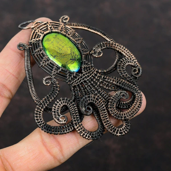 Mystic Fire Labradorite Oval Green Handmade Copper Wire Wrapped Pendant