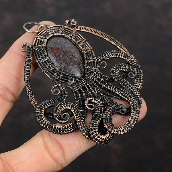 Dinosaur Bone Oval Brown Handmade Copper Wire Wrapped Pendant