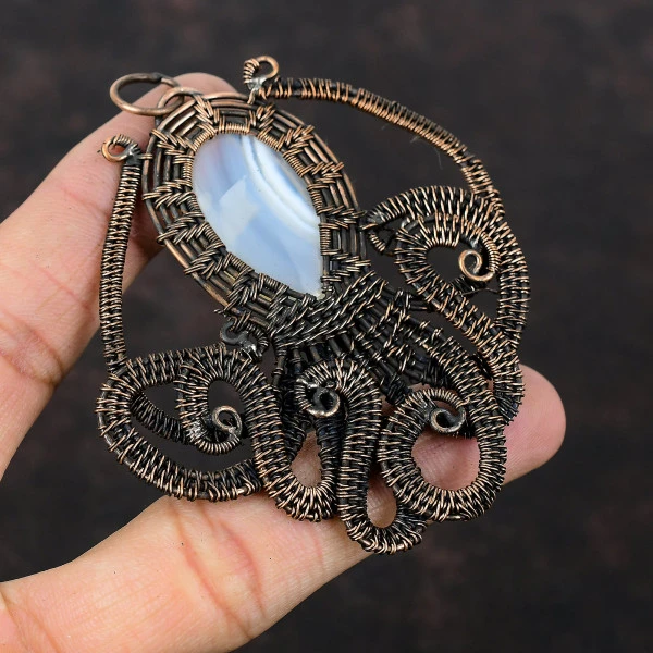 Botswana Agate Oval White Handmade Copper Wire Wrapped Pendant