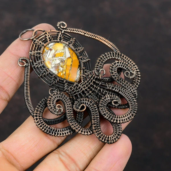 Brecciated Mookaite Oval Yellow Handmade Copper Wire Wrapped Pendant