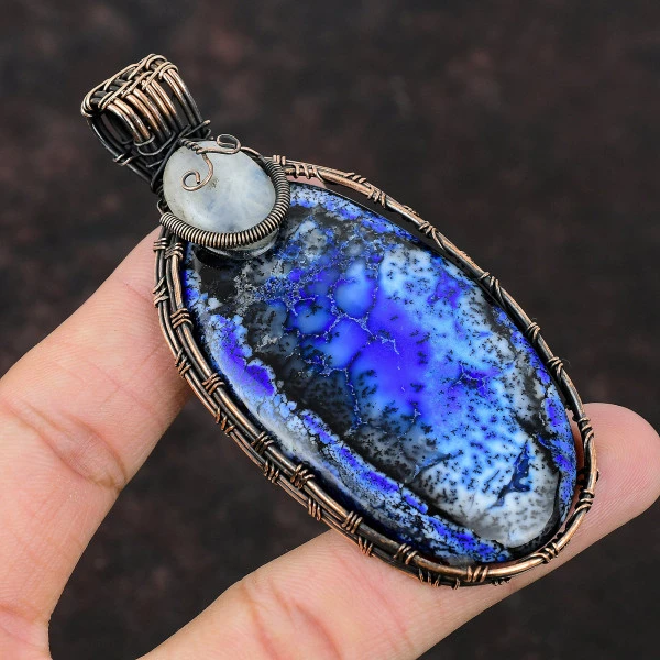 Blue Dendrite Opal Oval Blue Handmade Copper Wire Wrapped Pendant