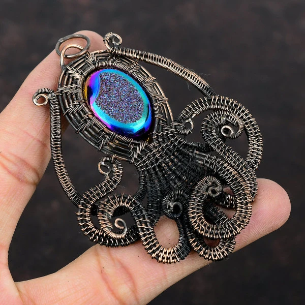 Titanium Druzy Oval Blue Handmade Copper Wire Wrapped Pendant