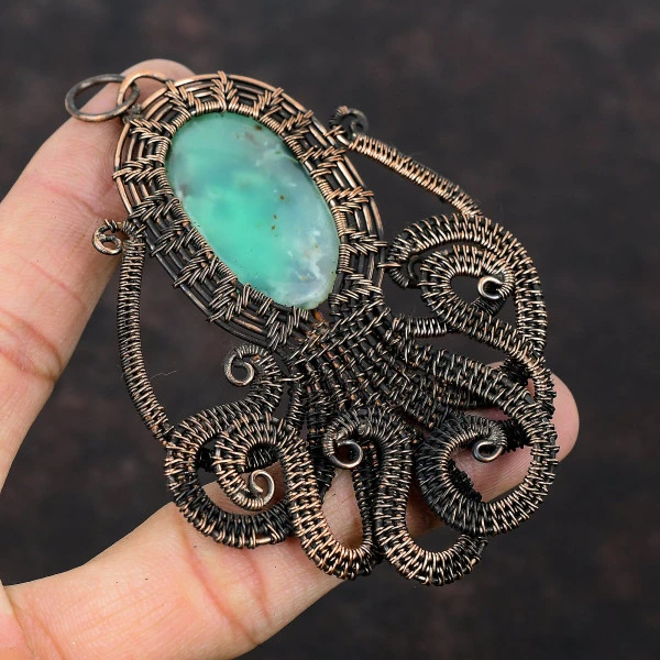 Chrysoprase Oval Green Handmade Copper Wire Wrapped Pendant