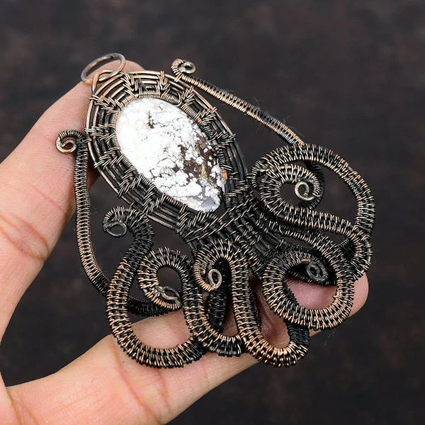 Wild Horse Magnesite Oval White Handmade Copper Wire Wrapped Pendant