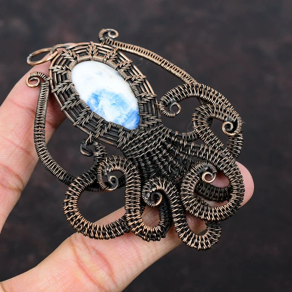Blue Scheelite Oval Blue Handmade Copper Wire Wrapped Pendant