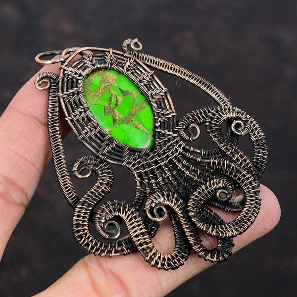 Copper Green Turquoise Oval Green Handmade Copper Wire Wrapped Pendant