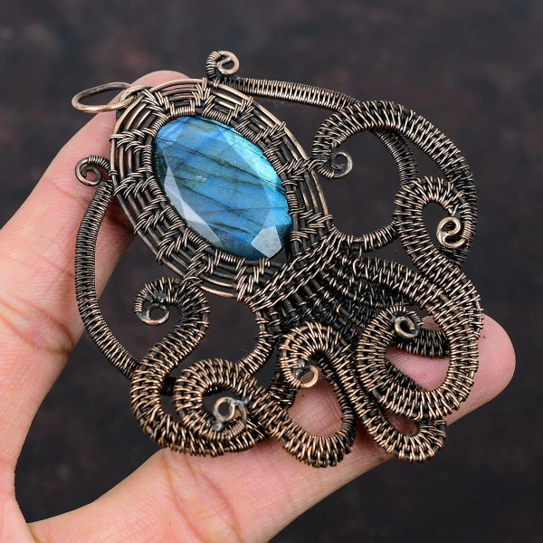 Labradorite Oval Gray Handmade Copper Wire Wrapped Pendant