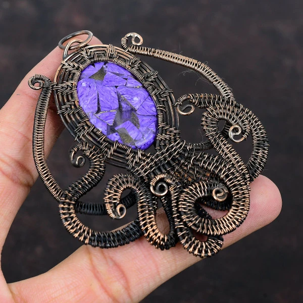 Copper Charoite Oval Purple Handmade Copper Wire Wrapped Pendant