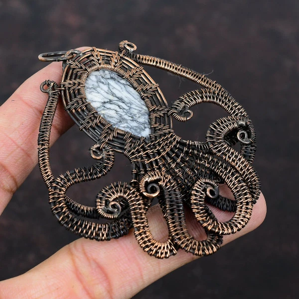 Pinolith Jasper Oval Black Handmade Copper Wire Wrapped Pendant