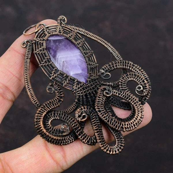 Chevron Amethyst Oval Purple Handmade Copper Wire Wrapped Pendant