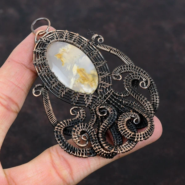 Plume Agate Oval Yellow Handmade Copper Wire Wrapped Pendant