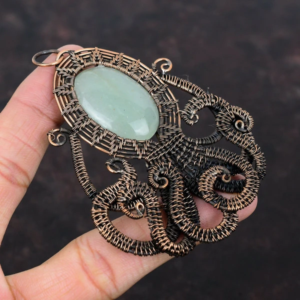 Aquamarine Oval Green Handmade Copper Wire Wrapped Pendant