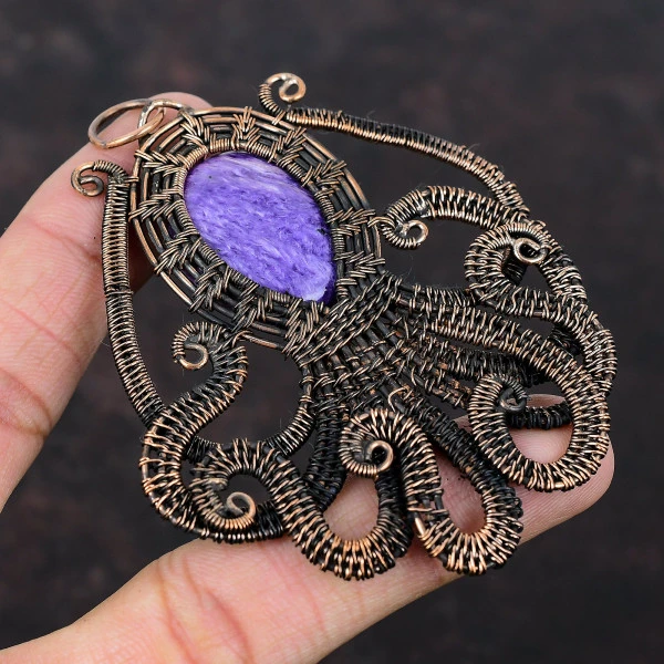 Charoite Oval Purple Handmade Copper Wire Wrapped Pendant