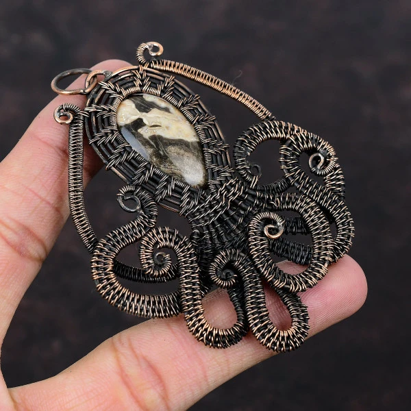 Peanut Wood Jasper Oval Brown Handmade Copper Wire Wrapped Pendant