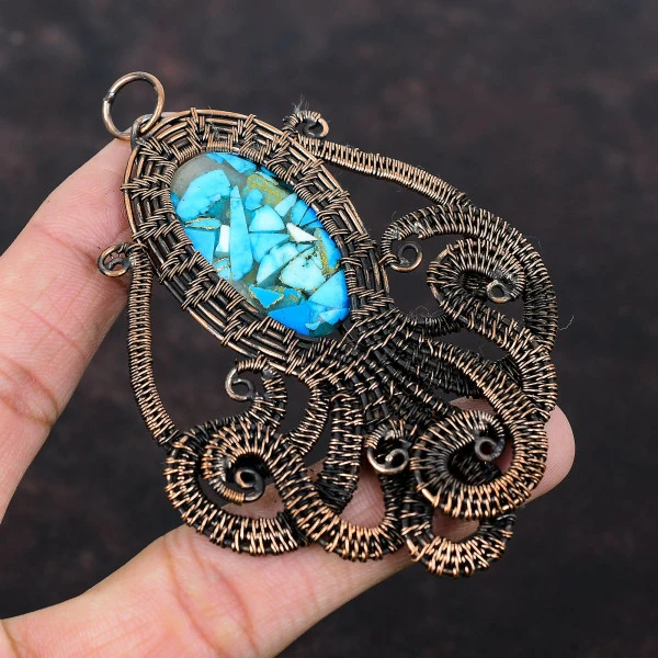 Copper Arizona Turquoise Oval Blue Handmade Copper Wire Wrapped Pendant