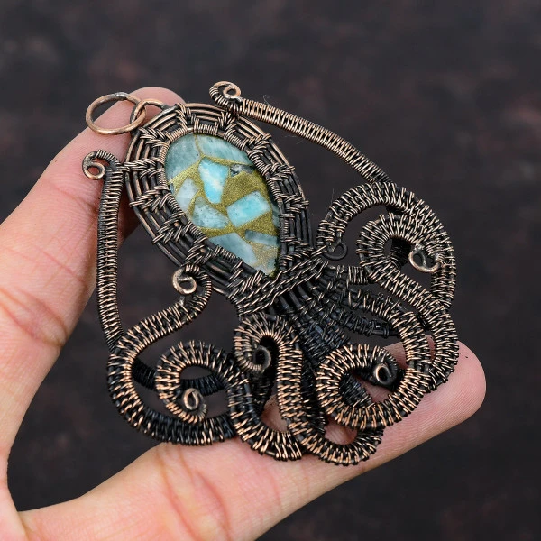 Copper Amazonite Oval Green Handmade Copper Wire Wrapped Pendant