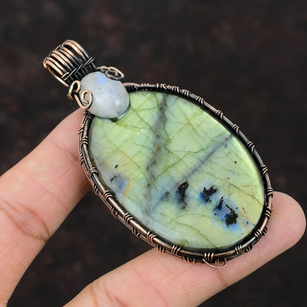 Labradorite Oval Green Handmade Copper Wire Wrapped Pendant
