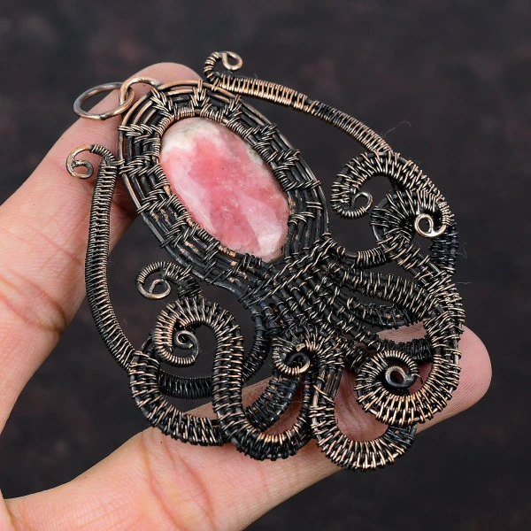 Rhodochrosite Oval Pink Handmade Copper Wire Wrapped Pendant