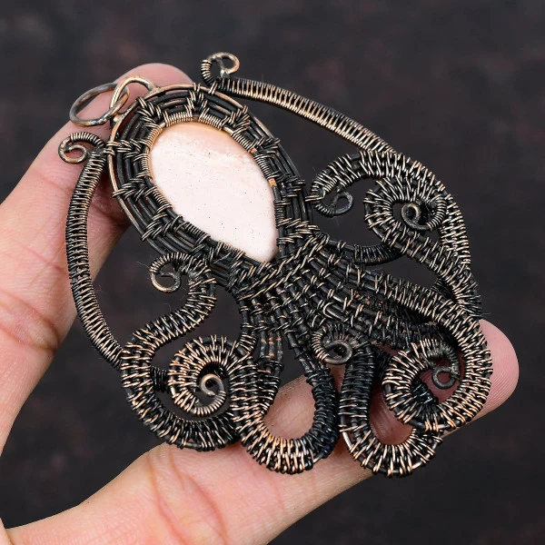 Pink Opal Oval Pink Handmade Copper Wire Wrapped Pendant