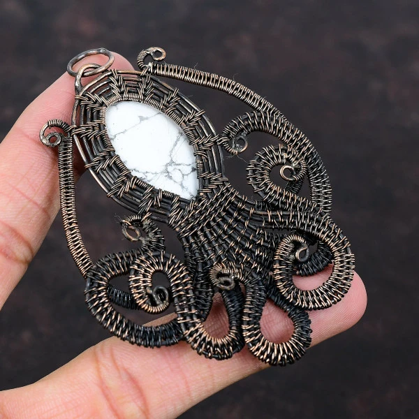 Howlite Oval White Handmade Copper Wire Wrapped Pendant