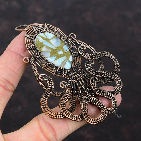 Copper Larimar Oval Blue Handmade Copper Wire Wrapped Pendant