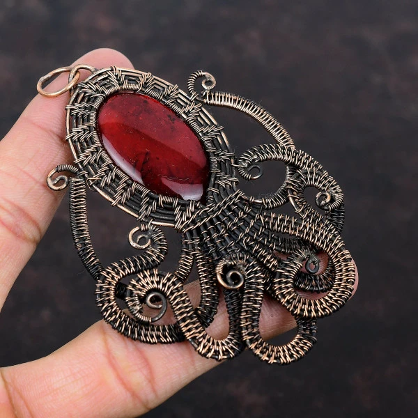 Red Fire Labradorite Oval Red Handmade Copper Wire Wrapped Pendant