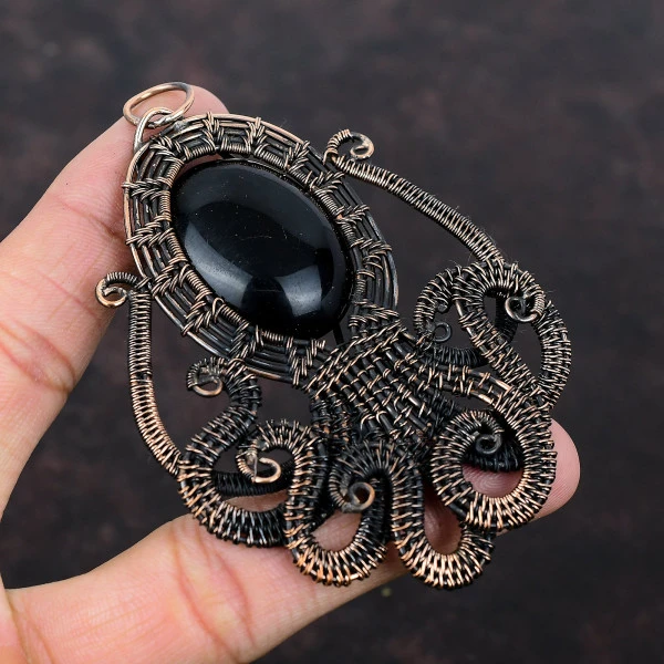 Black Onyx Oval Black Handmade Copper Wire Wrapped Pendant
