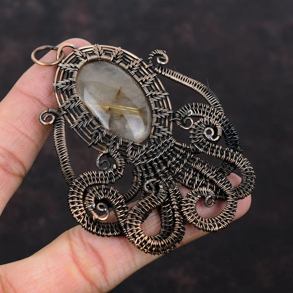Golden Rutile Oval Yellow Handmade Copper Wire Wrapped Pendant