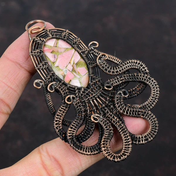Copper Pink Opal Oval Pink Handmade Copper Wire Wrapped Pendant