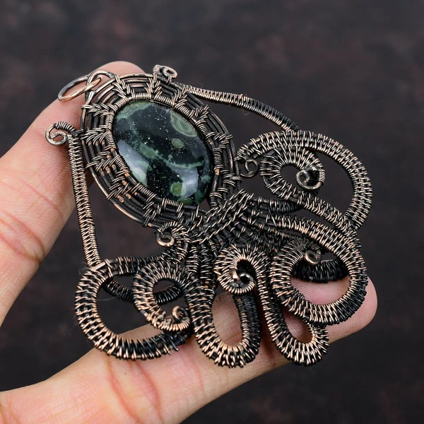 Kambaba Jasper Oval Green Handmade Copper Wire Wrapped Pendant