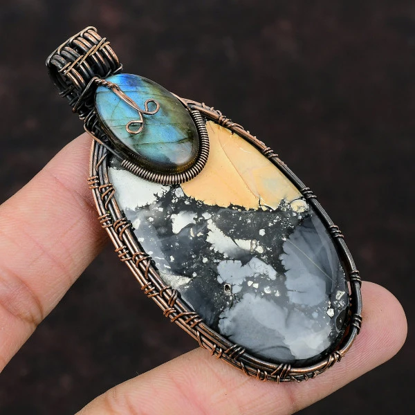Maligano Jasper Oval Black Handmade Copper Wire Wrapped Pendant